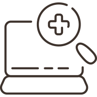 Laptop icon with a magnifying glass hovering over the screen, symbolizing online search, data review, or digital analysis tasks.