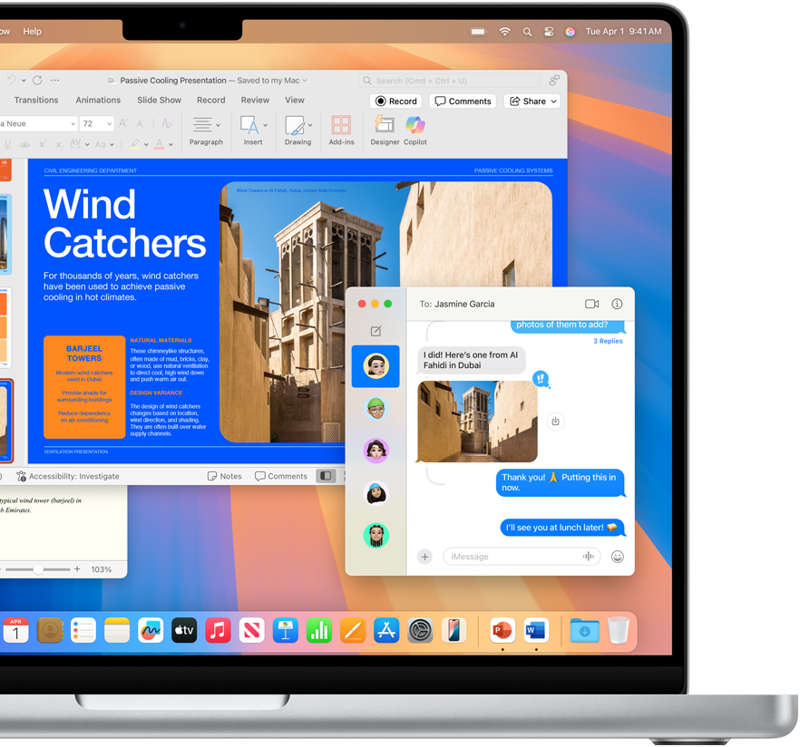 From the Messages app, a photo is inserted into a Microsoft Word report open in a 13-inch MacBook Air to demonstrate the intuitive design of Mac and its similarity to iPhone