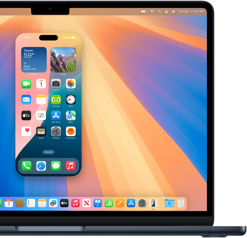 The iPhone Mirroring feature shown on a MacBook Air, where an iPhone screen with various apps is superimposed against the desktop background