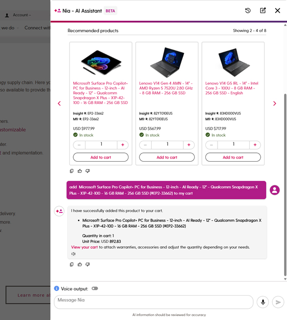 NIA AI Assistant Product Recommendations on Insight.com NIA AI chat interface displaying personalized product recommendations over an e-commerce hardware listing.