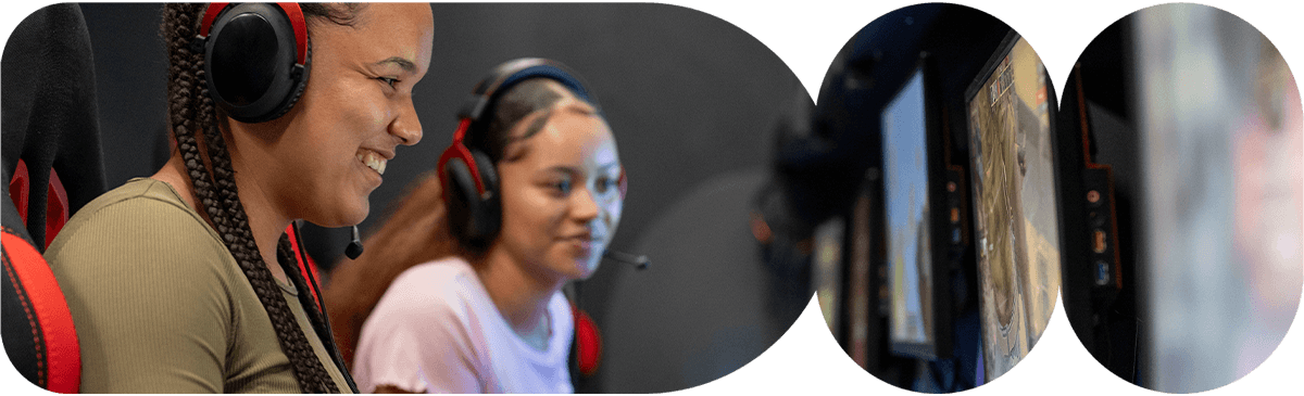 Girl looking at her desktop on gaming chair.