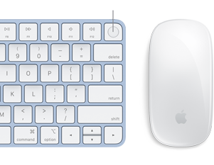 Close-up of colour-matching Magic Keyboard and Magic Mouse, with Touch ID fingerprint in focus