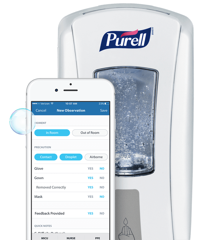 Rendering Goji application displayed on smart device next to Purell smart dispense=r