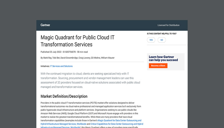 文章 Gartner report: Magic Quadrant for Public Cloud IT Transformation Services 图像
