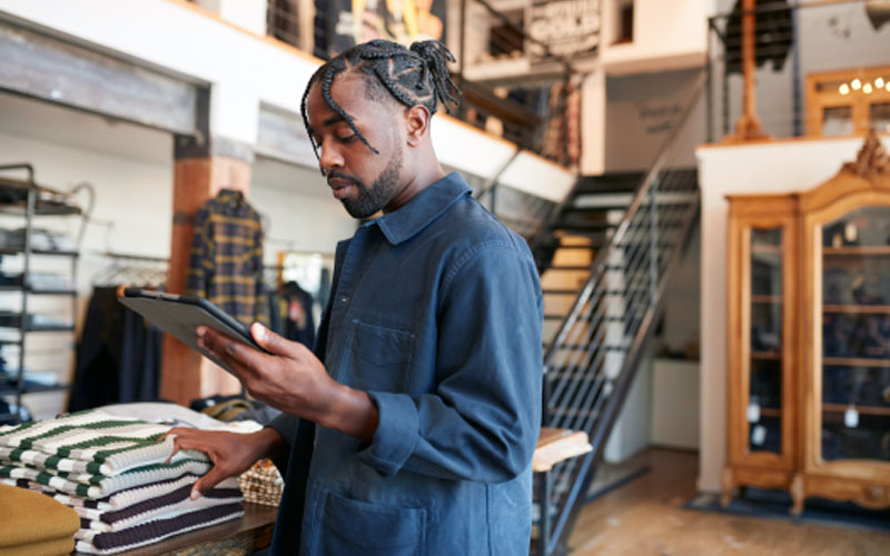 Retail customer looking at device
