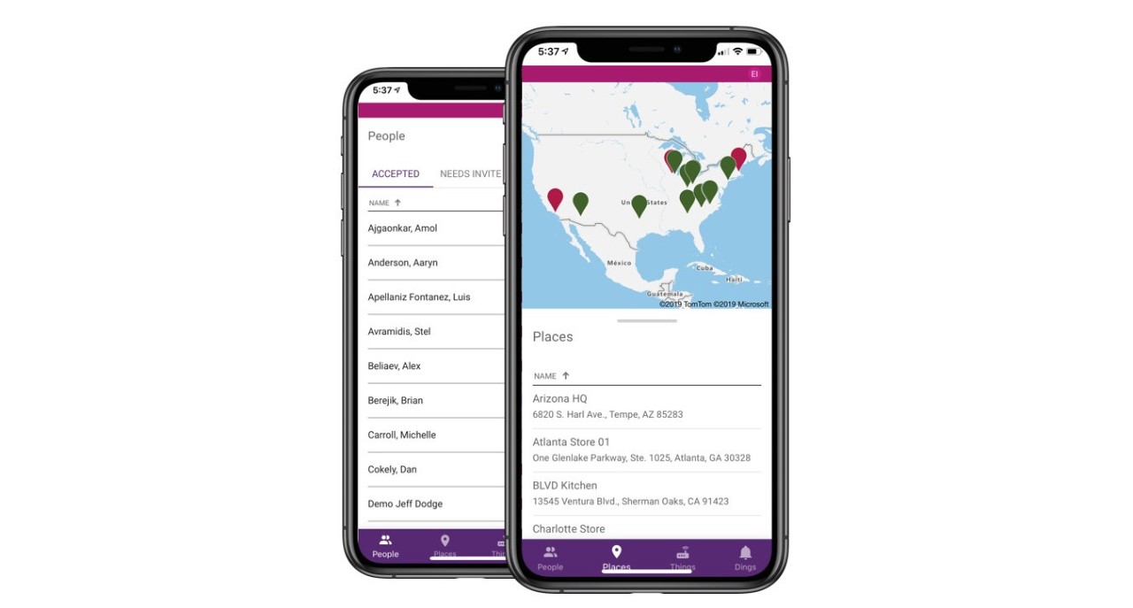 Insight's Connected IoT platform Screenshot of Connected Platform app on a phone, depicting the management of people, places, things and dings.