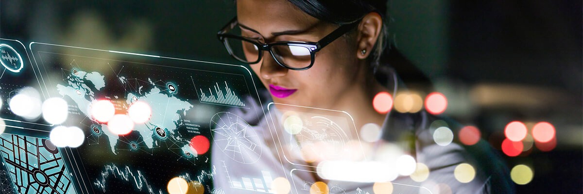 Woman looking at technology graphic overlay
