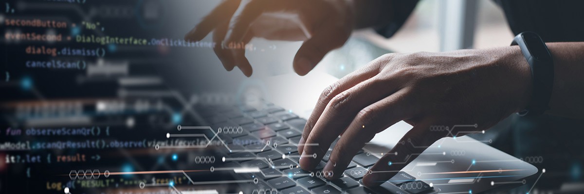 MLOps: Challenges, Misconceptions, and Mindset User typing on keyboard with code graphic overlay