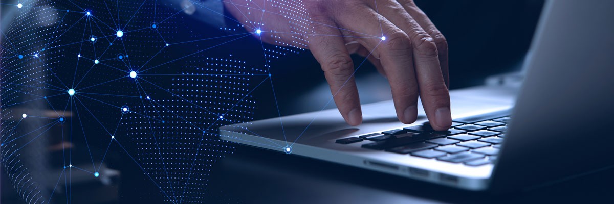 Close up of man typing on Apple laptop device with abstract data concept illustration