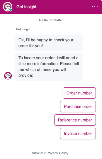 Virtual Assistant Display of order select options in Insight's Virtual Assistant Chat Agent.