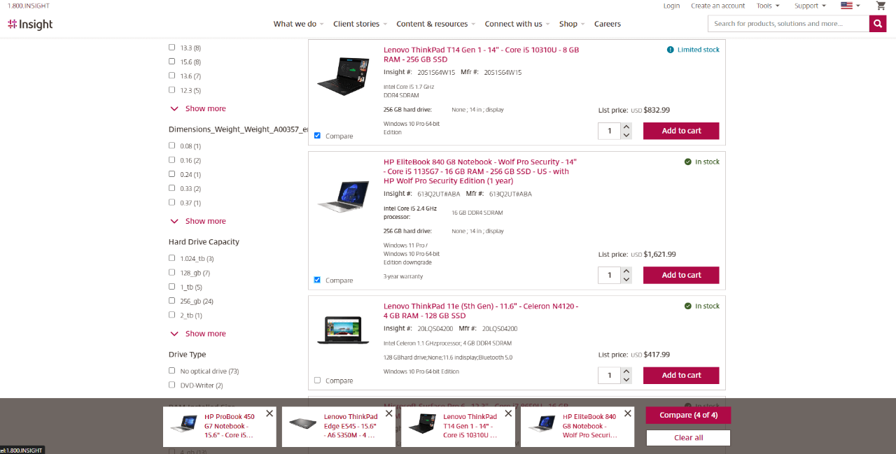 View of new product compare found on Insight.com