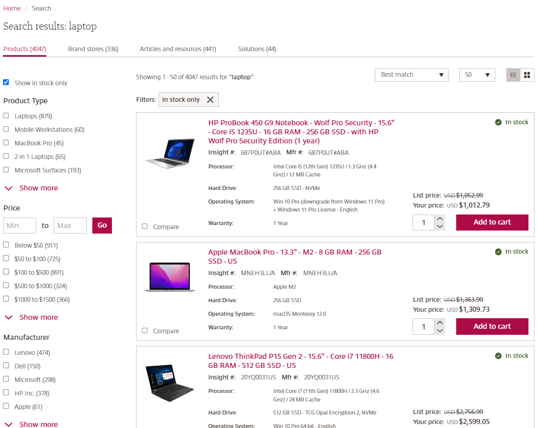 View of new search results page on Insight.com