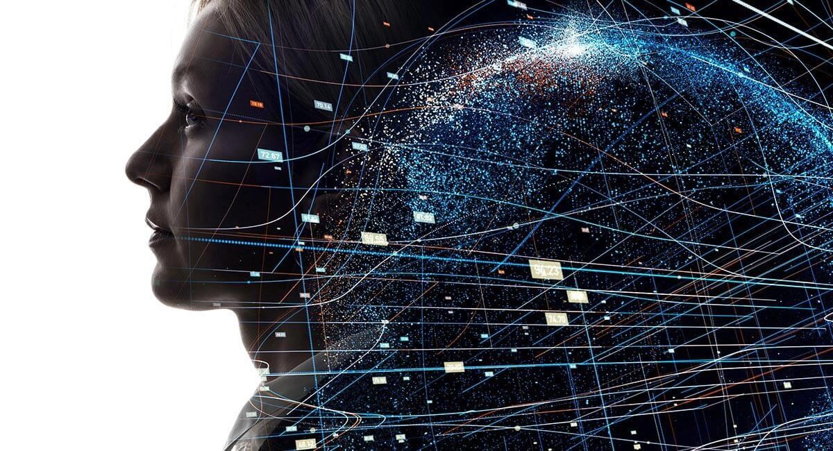 Robin Leach in the IT cloud era Woman's face emerging from floating data and networks in black background