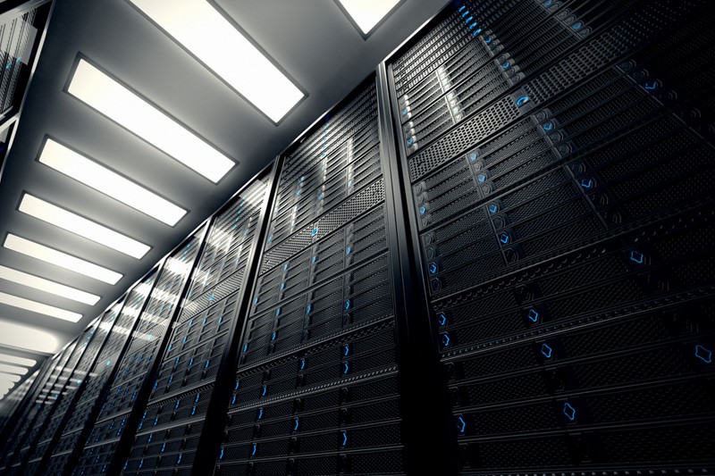 Centrally managed backup software Worms-eye-view of a server room.