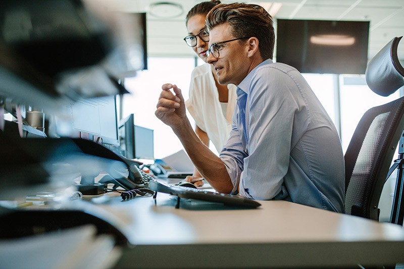 Two employees looking at desktop monitors