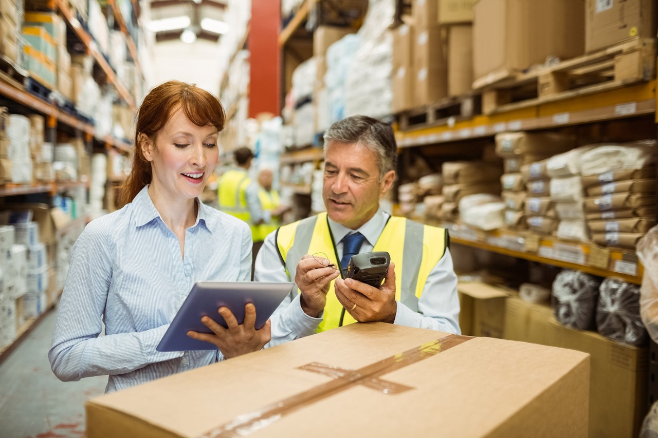 woman working with an employee and using an apple product