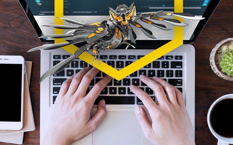 Close up hand typing with mechanical owl image