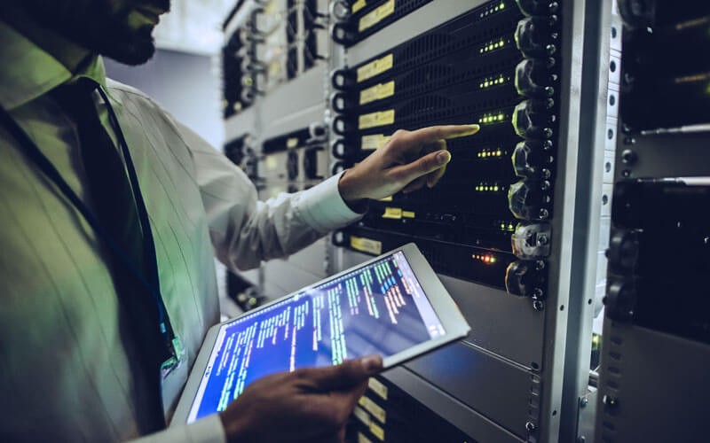 Man working in server room