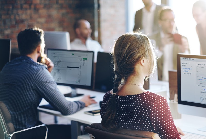 Business professionals using back-up and recovery software in office