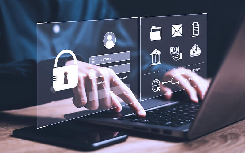 Man working using his laptop with log in presentation