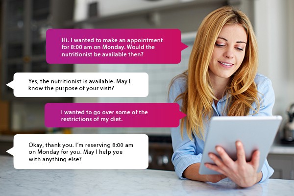 Provide guidance to deliver information to users Woman communicates with retail representative using mobile chat agent