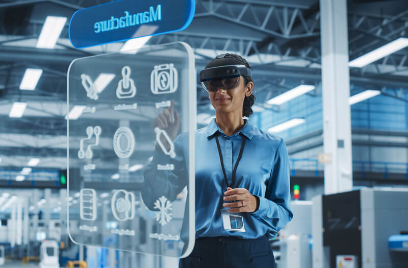 Female engineer using mixed reality headset to control robotic arm in smart factory