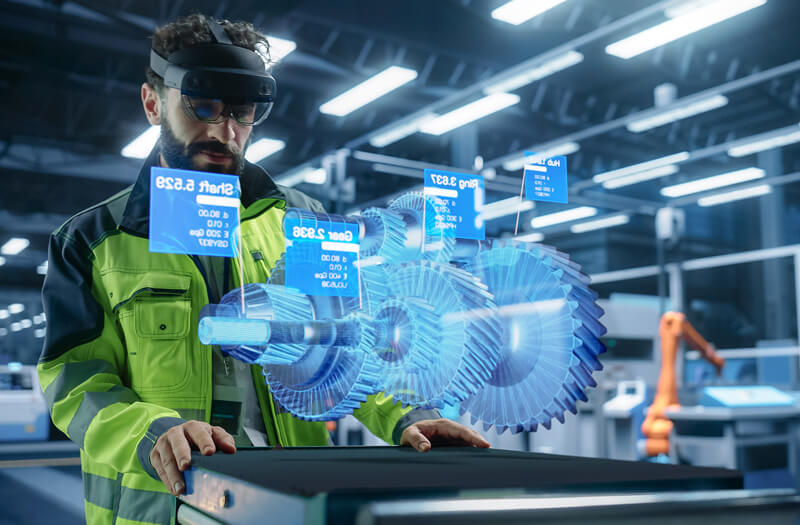 Automotive factory engineer using AR headset to inspect components on a modern assembly line with digital overlays.