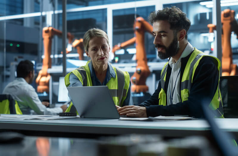 Autonomous factory office with production supervisor collaborating with robotics systems and digital dashboards.